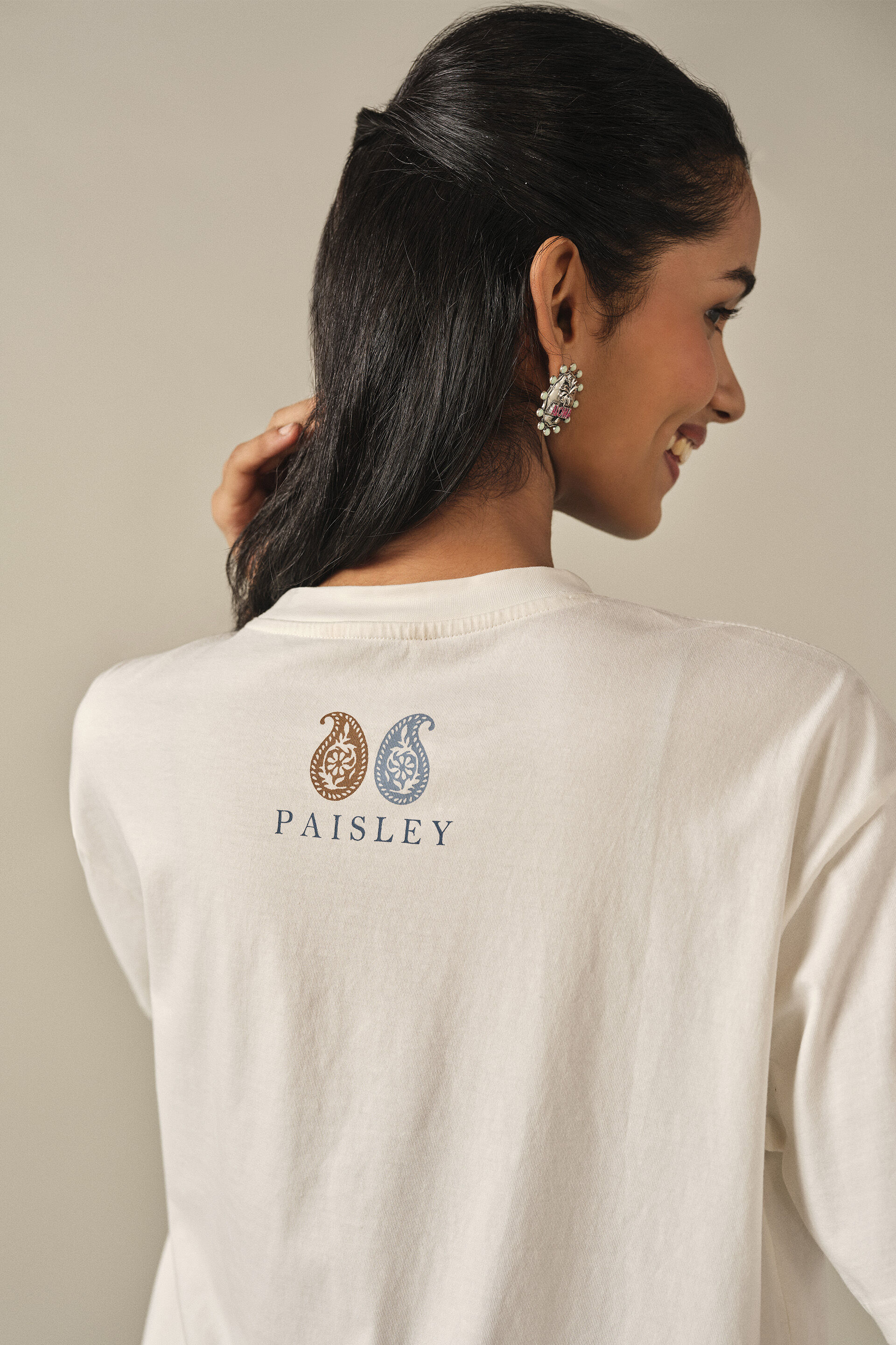 Printed Cotton T-shirt in White, White, image 5